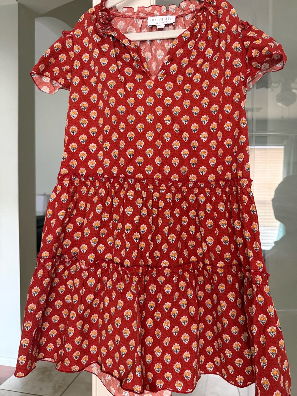 HUNTER BELL Red Floral Tiered Short-Sleeve Dress